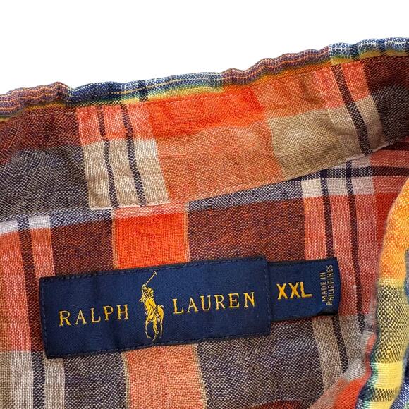 Ralph Lauren Shirt Mens Size 2XL Orange Plaid 100% Linen Button Up Long Sleeves - Picture 5 of 10